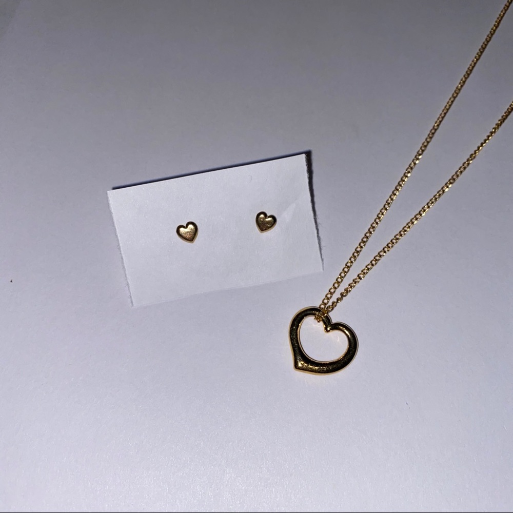 Gold Colored Heart Studs and Necklace
